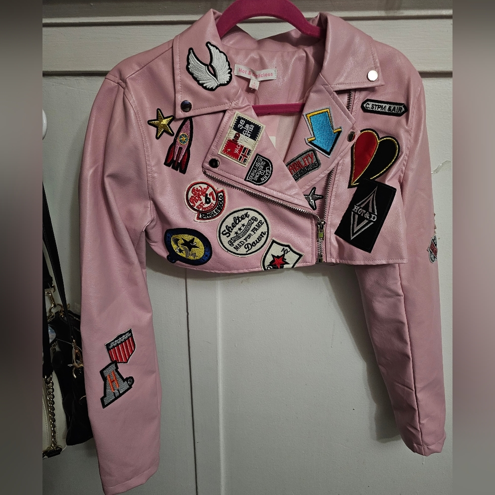 Pinky Biker Moto style Jacket Cropped Vegan Leather Pink multi Medium Large - Picture 8 of 8